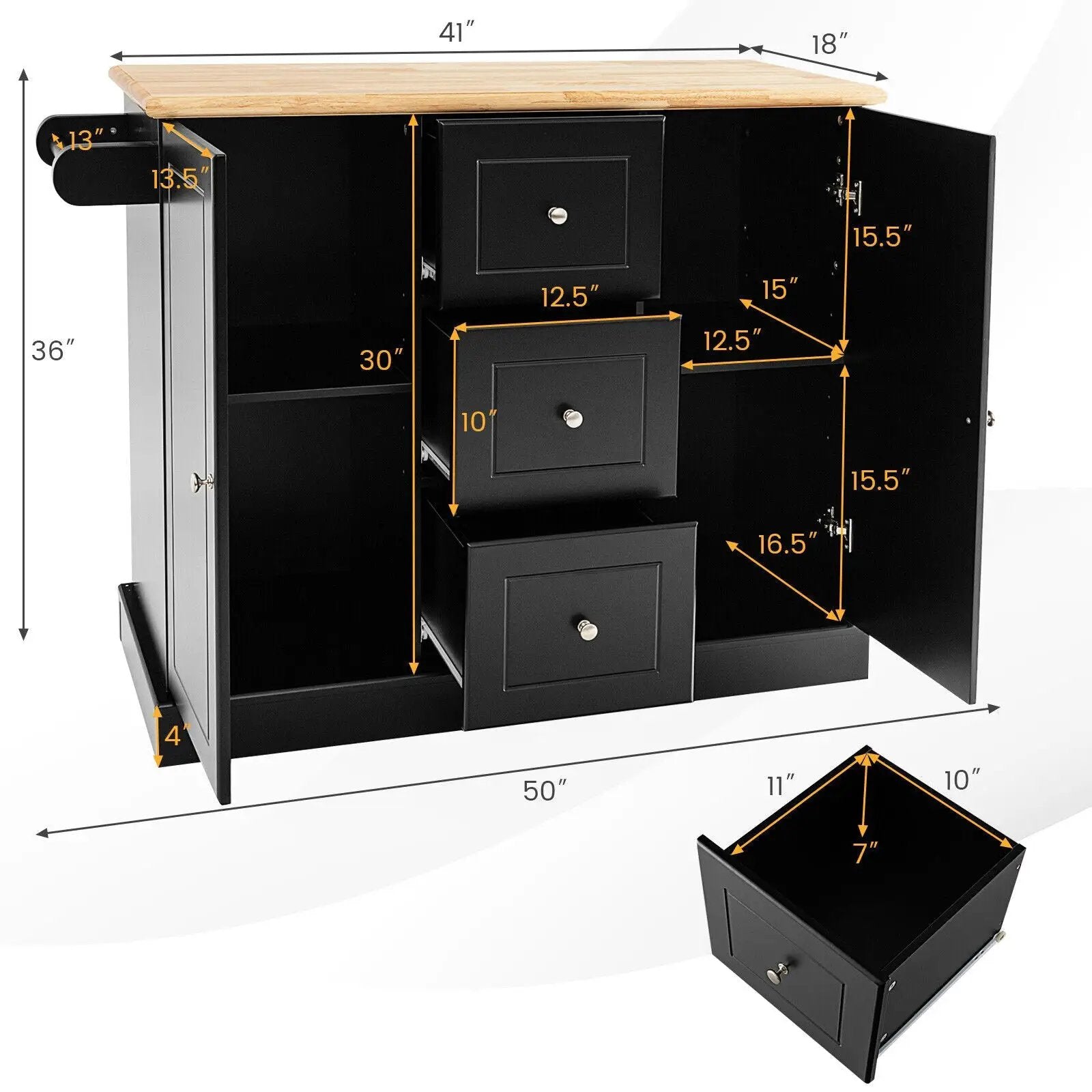 2-Door Large Mobile Kitchen Island Cart with Hidden Wheelsand 3 Drawers by DirectDeals