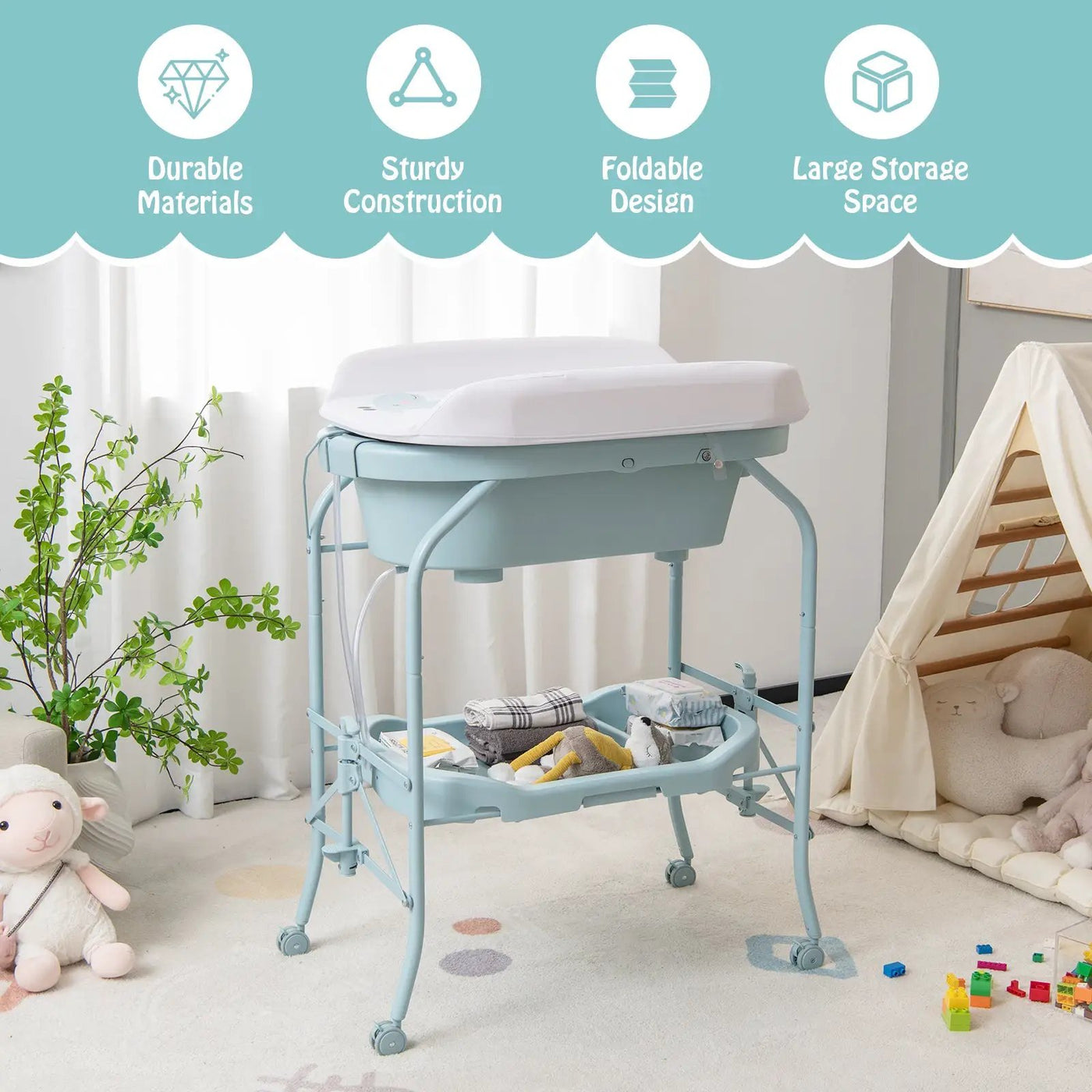 Folding Baby Changing Table with Bathtub and 4 Universal Wheels by DirectDeals