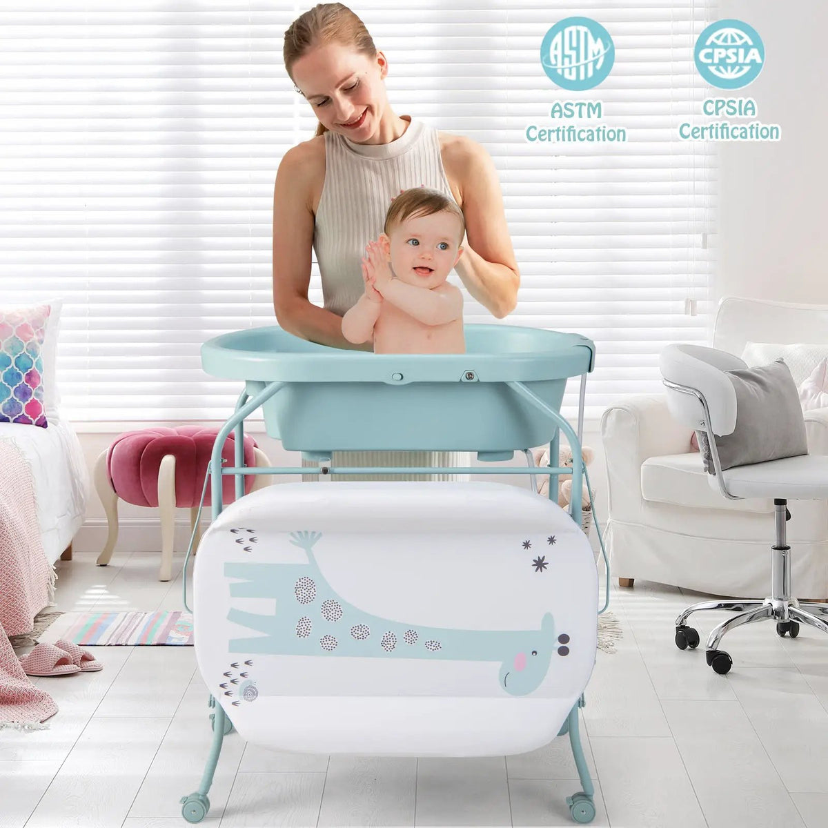Folding Baby Changing Table with Bathtub and 4 Universal Wheels by DirectDeals