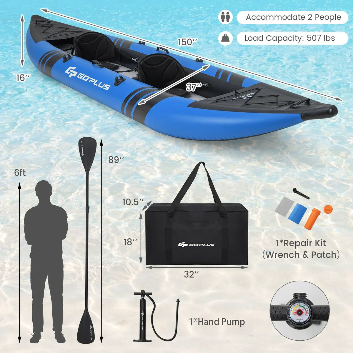 Inflatable 2-person Kayak Set with Aluminium Oars and Repair Kit by DirectDeals