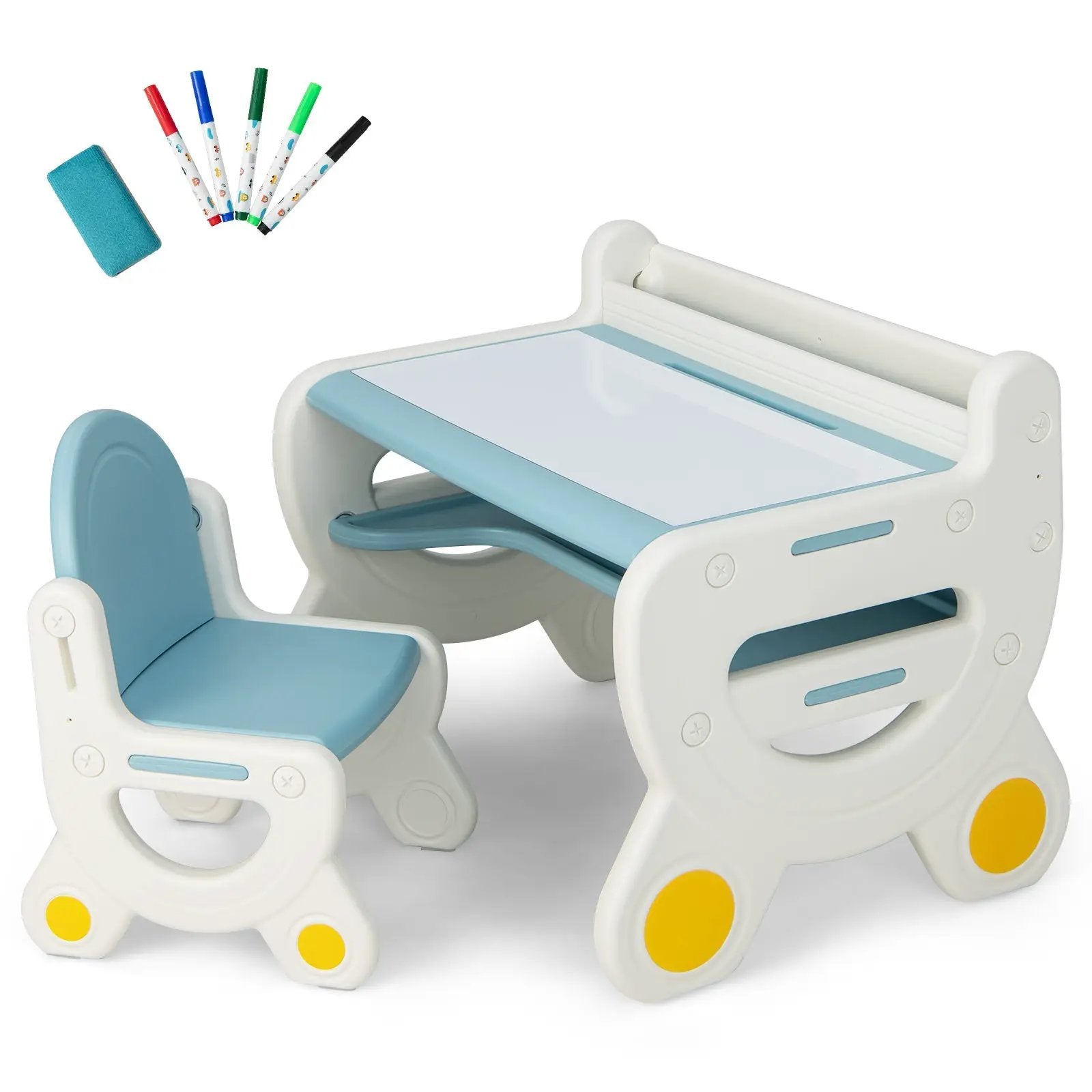 Kids Drawing Table and Chair Set with Watercolor Pens and Blackboard Eraser by DirectDeals