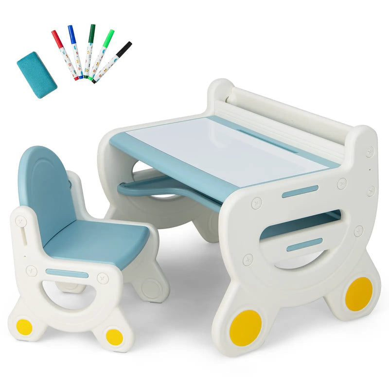 Kids Drawing Table and Chair Set with Watercolor Pens and Blackboard Eraser by DirectDeals