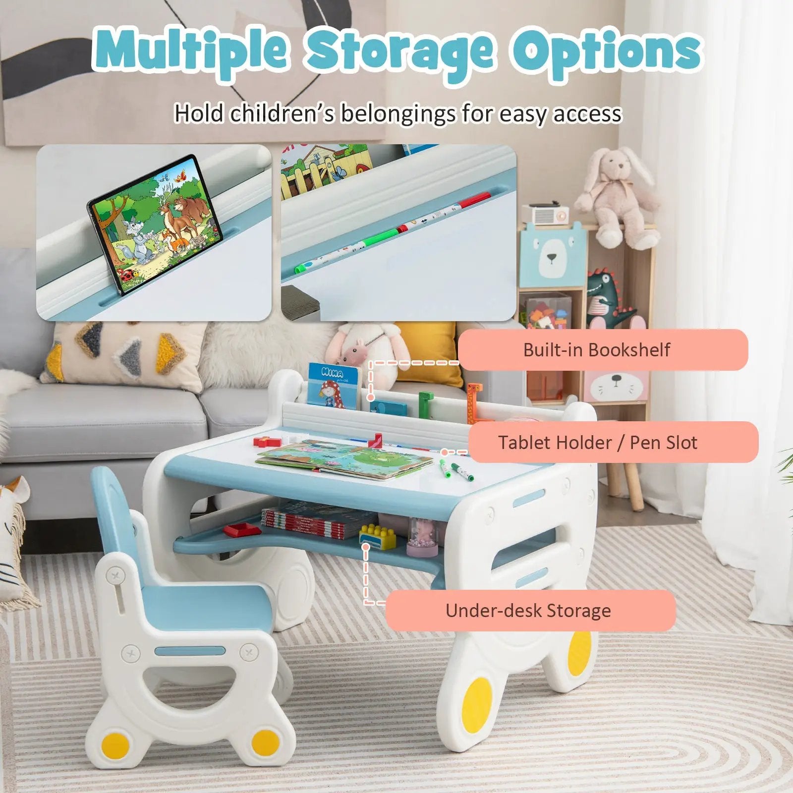 Kids Drawing Table and Chair Set with Watercolor Pens and Blackboard Eraser by DirectDeals