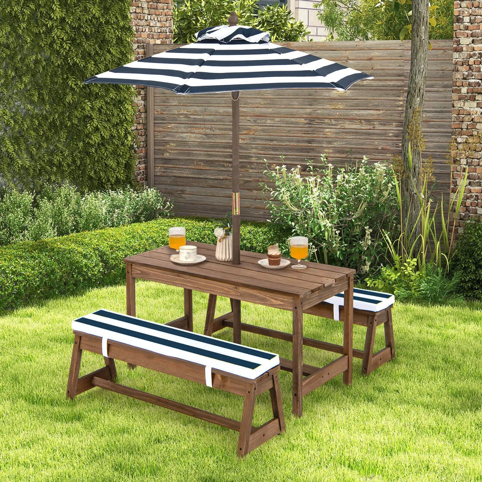 Kids Picnic Table and Bench Set with Cushions and Height Adjustable Umbrella by DirectDeals