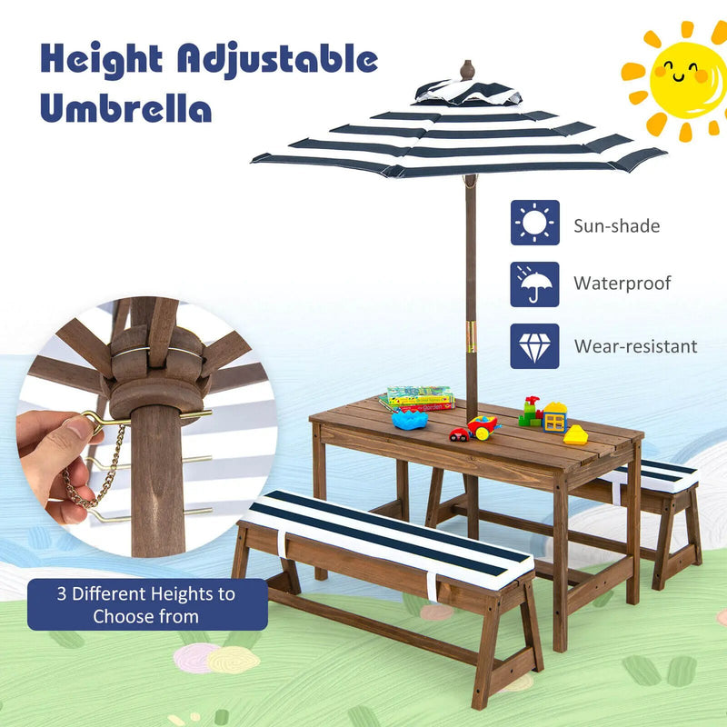 Kids Picnic Table and Bench Set with Cushions and Height Adjustable Umbrella by DirectDeals