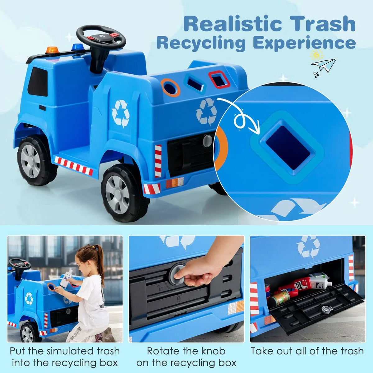 12V Kids Ride-on Garbage Truck with Warning Lights and 6 Recycling Accessories by DirectDeals