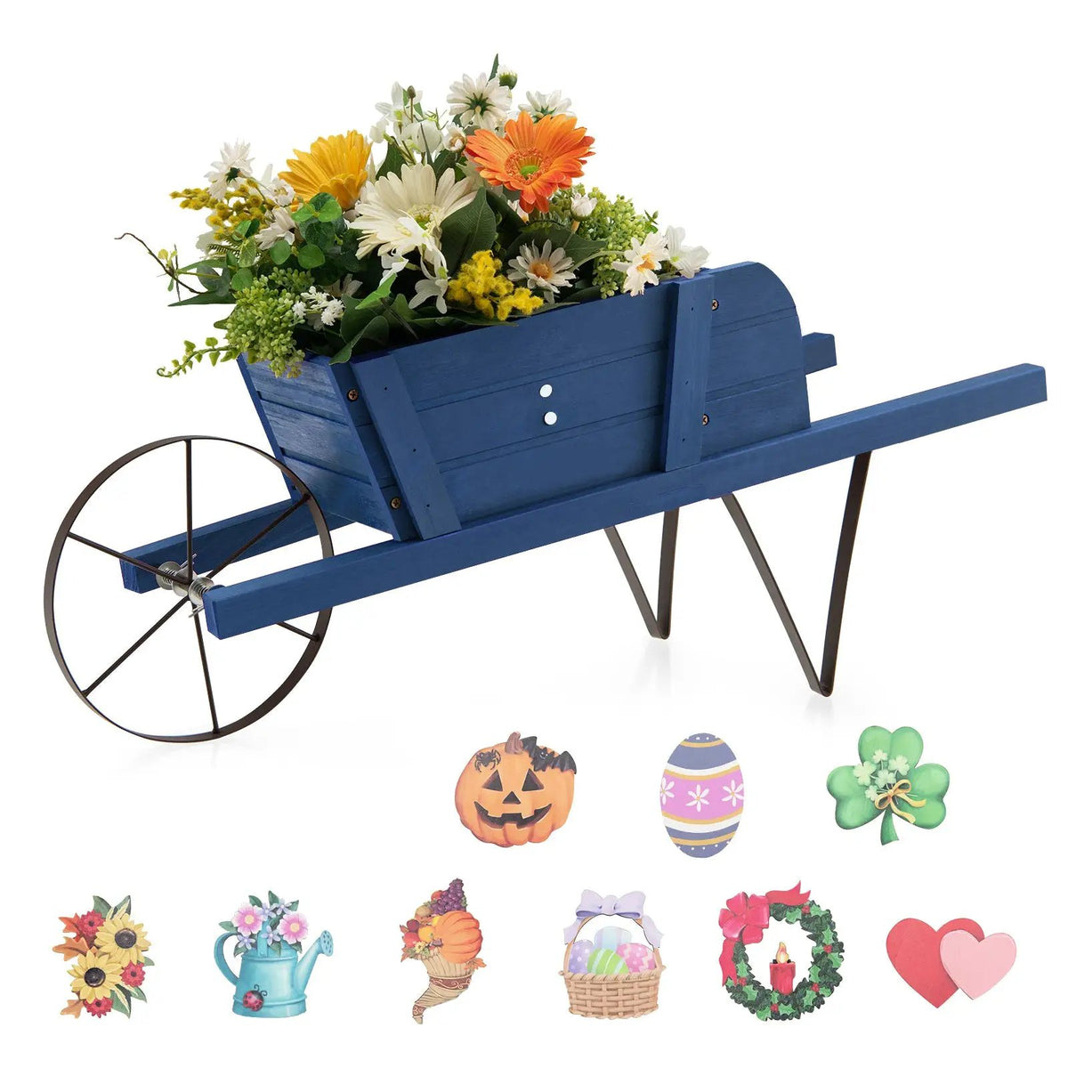 Wooden Wagon Planter with 9 Magnetic Accessories for Garden Yard by DirectDeals