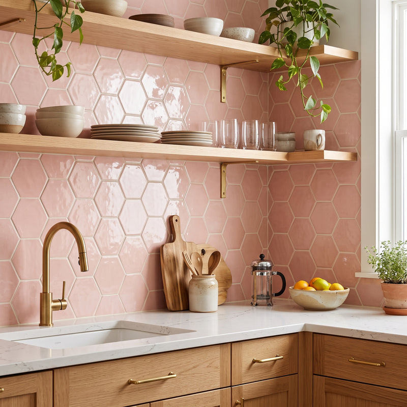 Blush Glossy Hexagon 5 Ceramic Tiles 5, photo 3 of 5