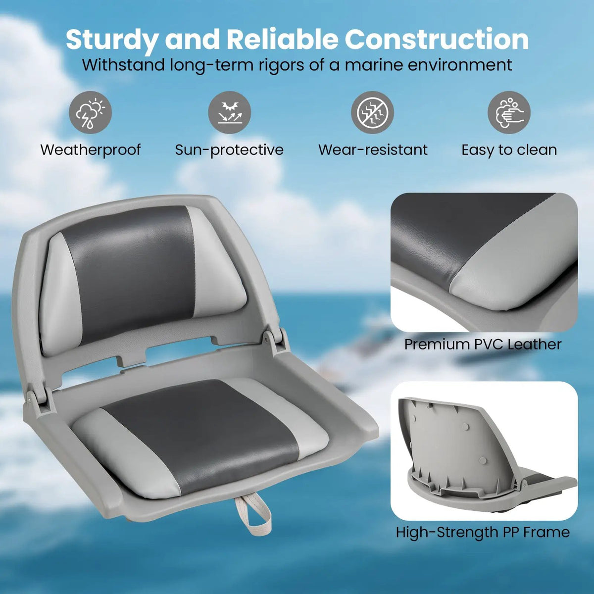 Boat Seat Folding Low Back Boat Chair with Marine-Grade PVC by DirectDeals