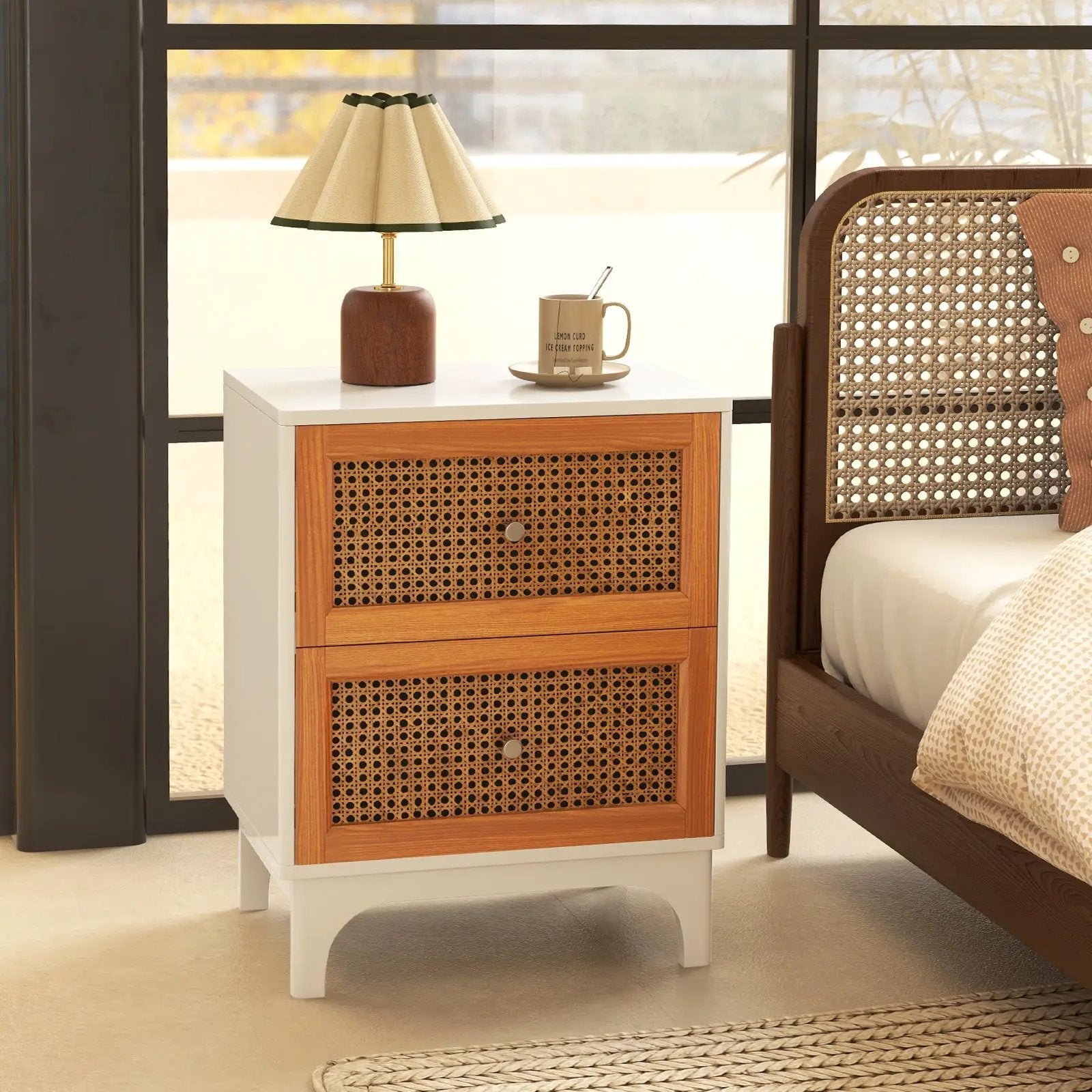 Boho Accent Table Nightstand with 2 Handwoven Rattan Decorated Drawers-White by DirectDeals