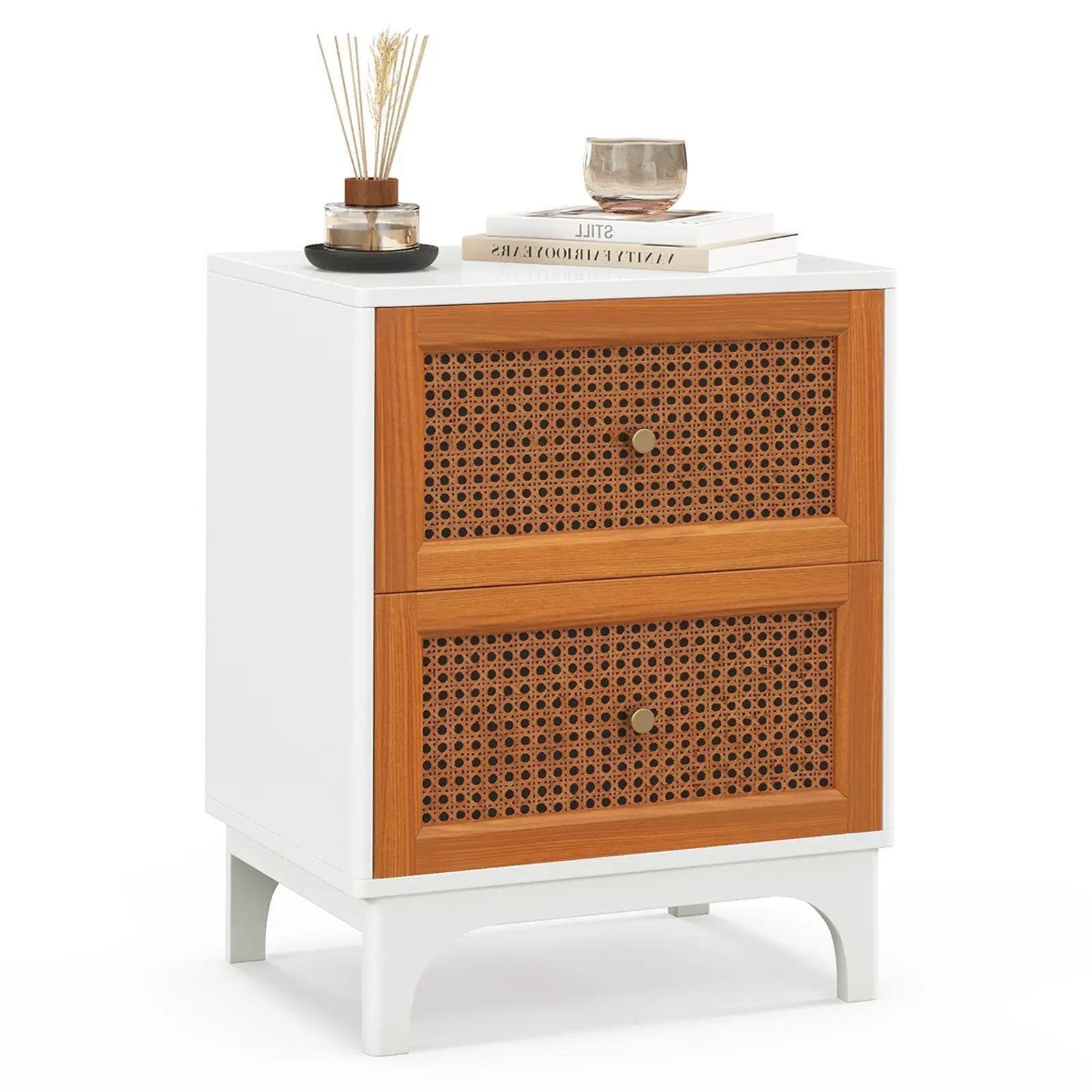 Boho Accent Table Nightstand with 2 Handwoven Rattan Decorated Drawers-White by DirectDeals