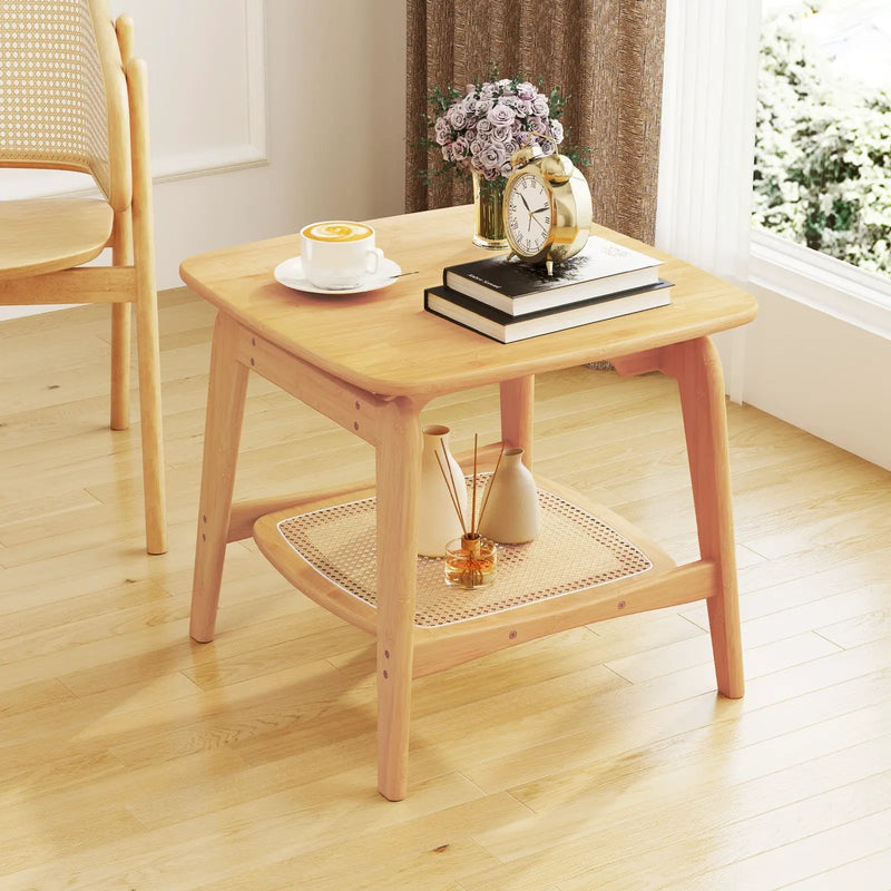 Boho Bamboo Sofa Side Table with Faux Rattan Storage Shelf-Natural by DirectDeals
