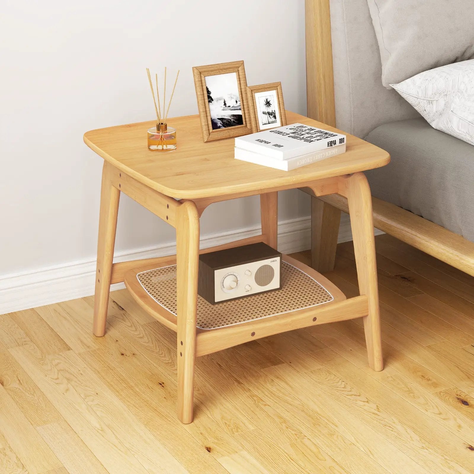 Boho Bamboo Sofa Side Table with Faux Rattan Storage Shelf-Natural by DirectDeals