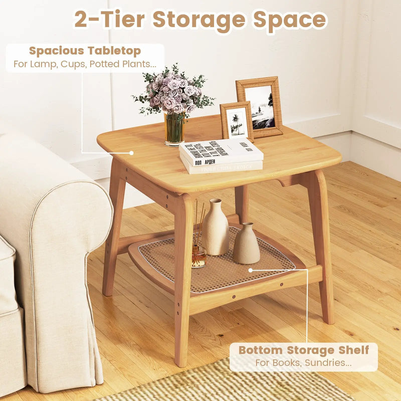Boho Bamboo Sofa Side Table with Faux Rattan Storage Shelf-Natural by DirectDeals