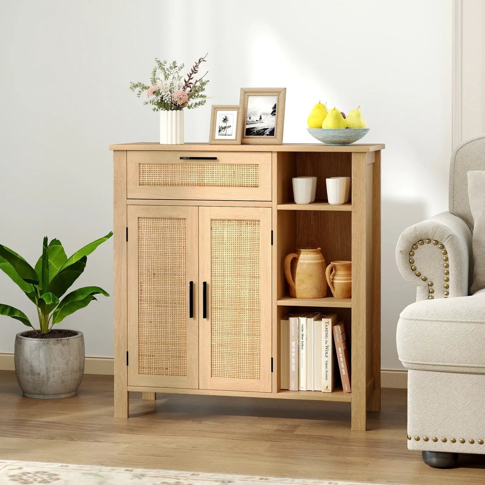 Boho Buffet Sideboard Storage Cabinet with Drawer and Rattan Woven Doors-Natural by DirectDeals