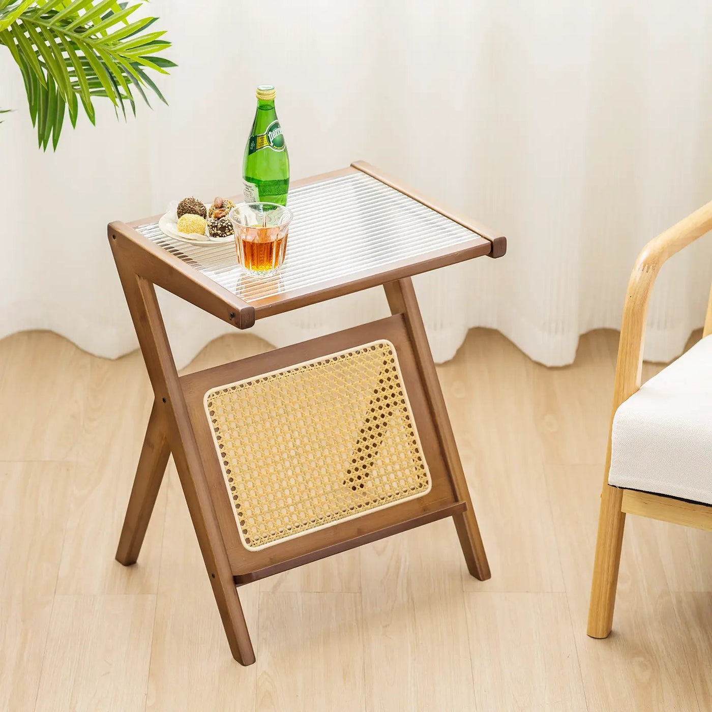 Boho End Table with Magazine Rack and Tempered Glass Top by DirectDeals