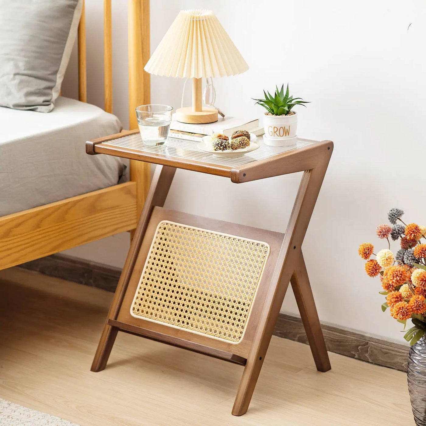 Boho End Table with Magazine Rack and Tempered Glass Top by DirectDeals