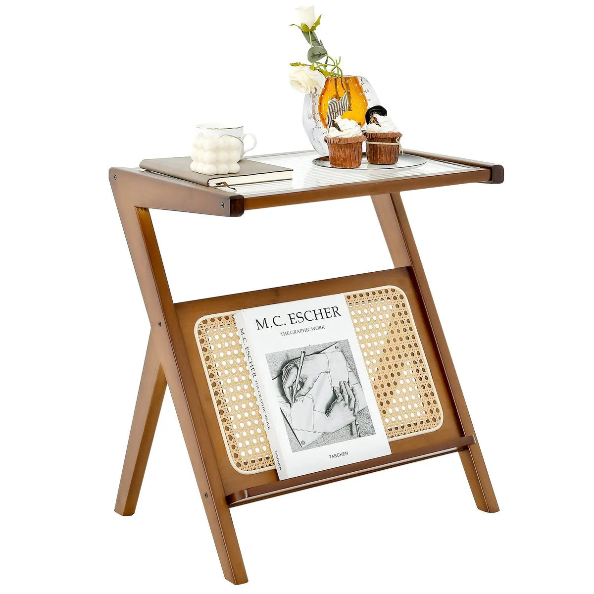Boho End Table with Magazine Rack and Tempered Glass Top by DirectDeals