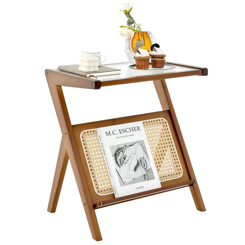 Boho End Table with Magazine Rack and Tempered Glass Top by DirectDeals