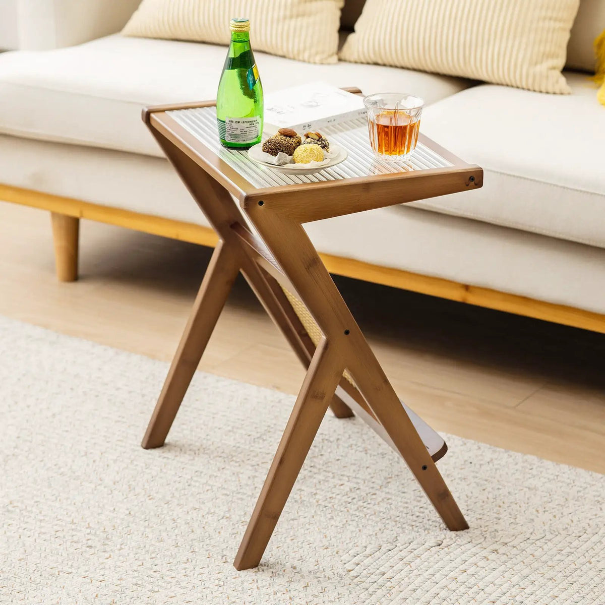 Boho End Table with Magazine Rack and Tempered Glass Top by DirectDeals