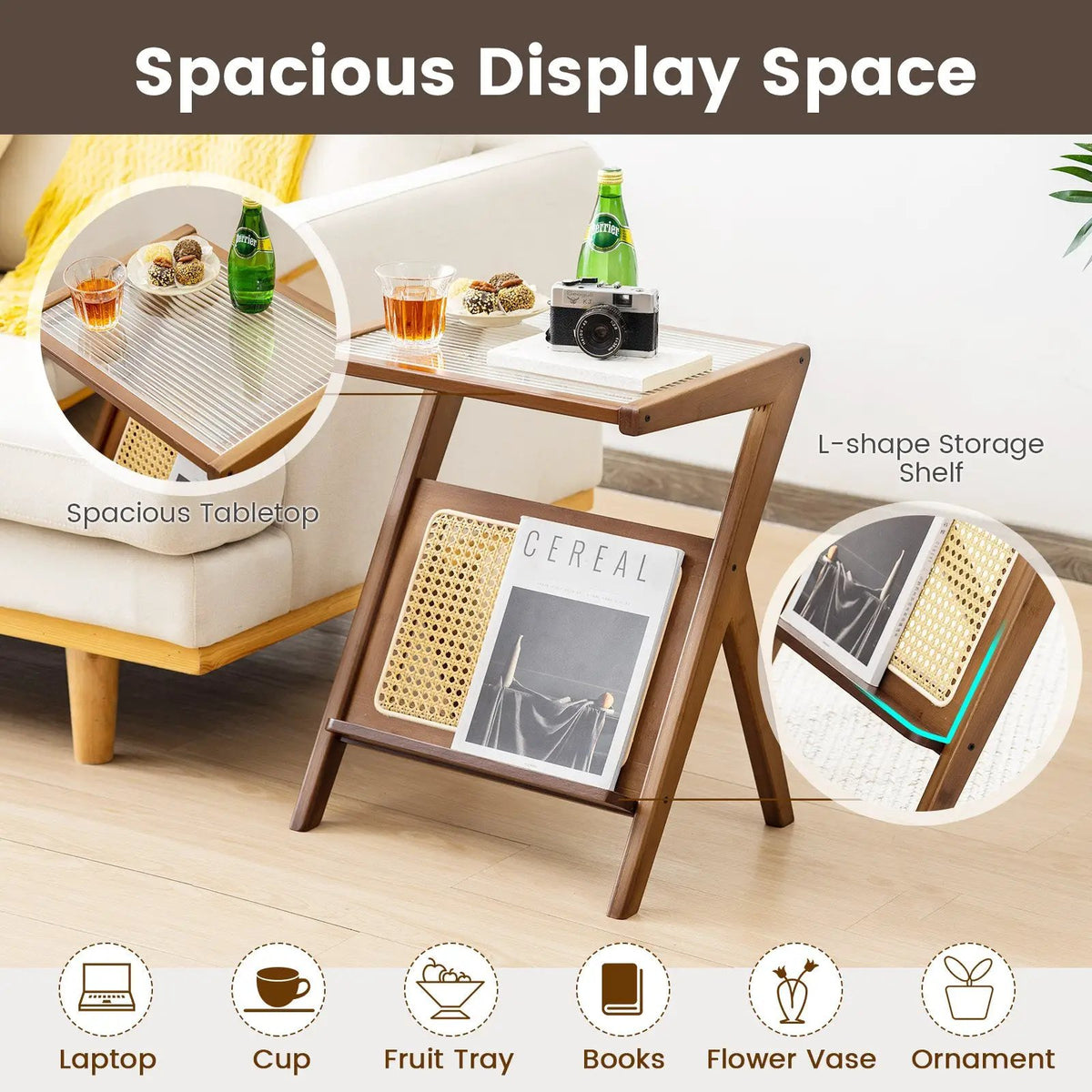 Boho End Table with Magazine Rack and Tempered Glass Top by DirectDeals