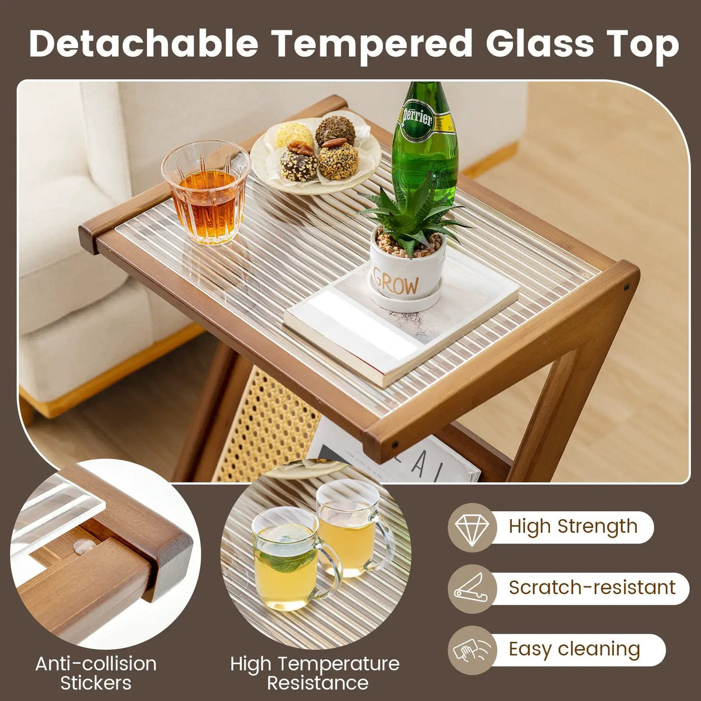 Boho End Table with Magazine Rack and Tempered Glass Top by DirectDeals