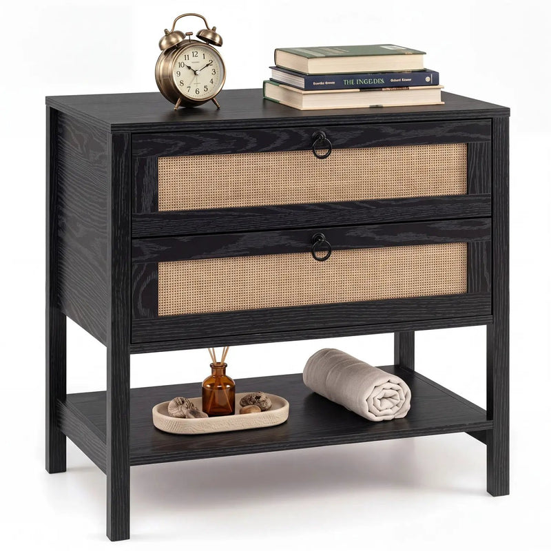 Rattan Nightstand with 2 Drawers and Open Shelf by DirectDeals
