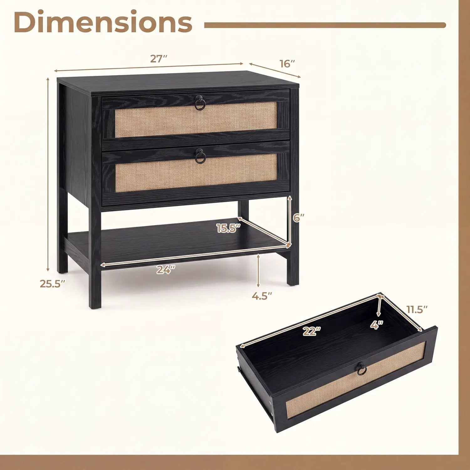 Rattan Nightstand with 2 Drawers and Open Shelf by DirectDeals