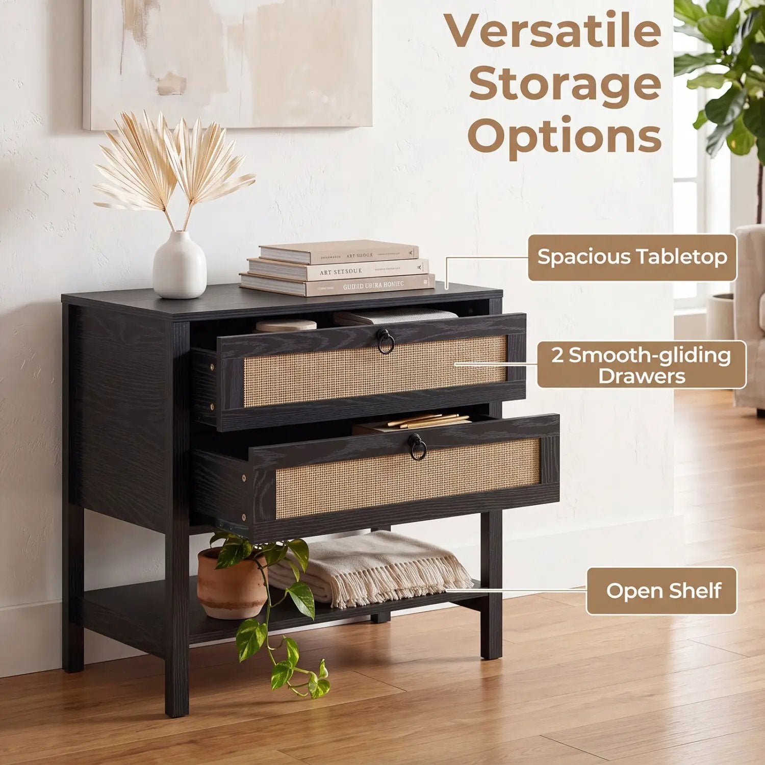 Rattan Nightstand with 2 Drawers and Open Shelf by DirectDeals
