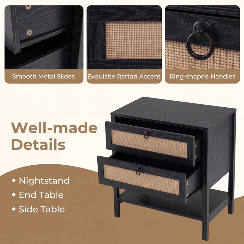 Rattan Nightstand with 2 Drawers and Open Shelf by DirectDeals