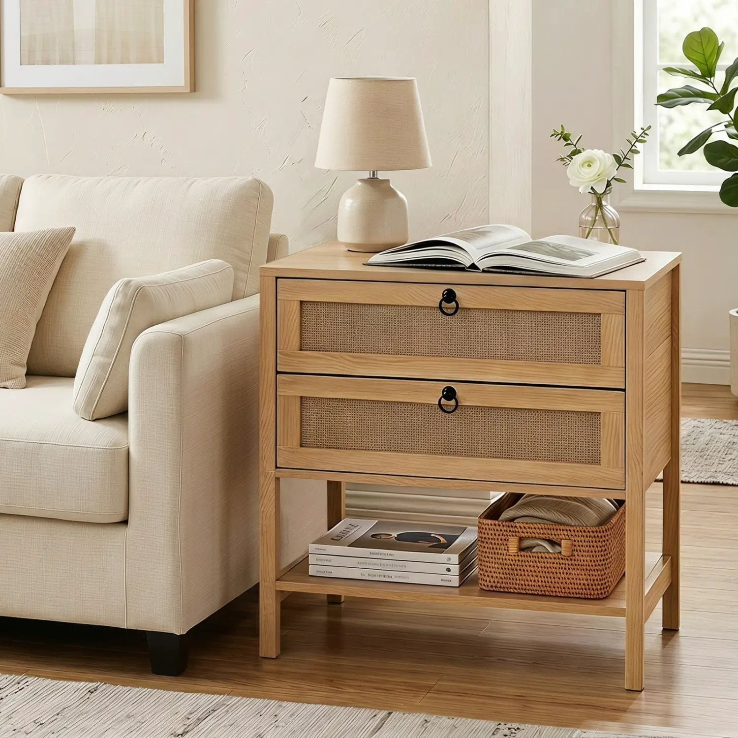 Rattan Nightstand with 2 Drawers and Open Shelf by DirectDeals