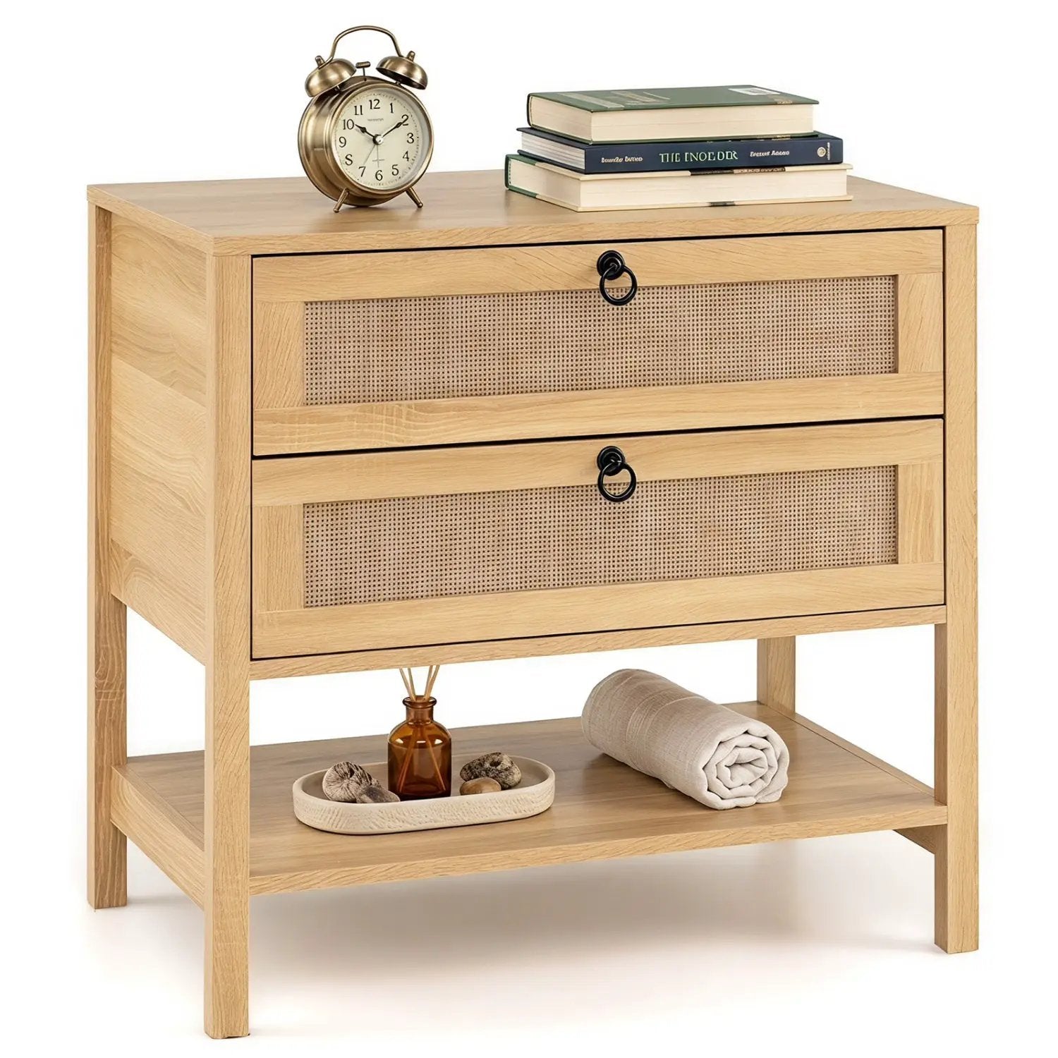 Rattan Nightstand with 2 Drawers and Open Shelf by DirectDeals