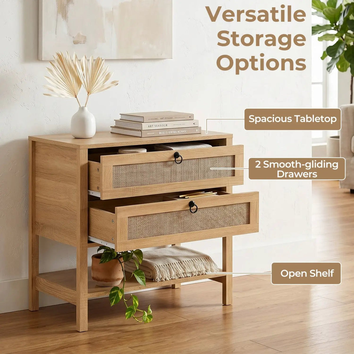 Rattan Nightstand with 2 Drawers and Open Shelf by DirectDeals