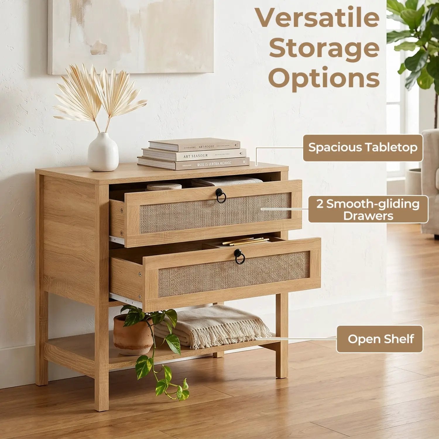 Rattan Nightstand with 2 Drawers and Open Shelf by DirectDeals