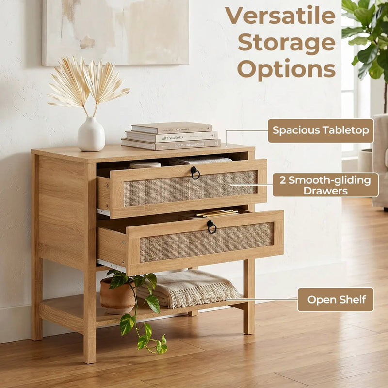 Rattan Nightstand with 2 Drawers and Open Shelf by DirectDeals