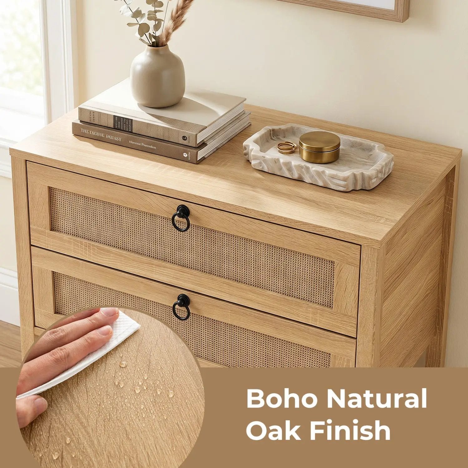 Rattan Nightstand with 2 Drawers and Open Shelf by DirectDeals