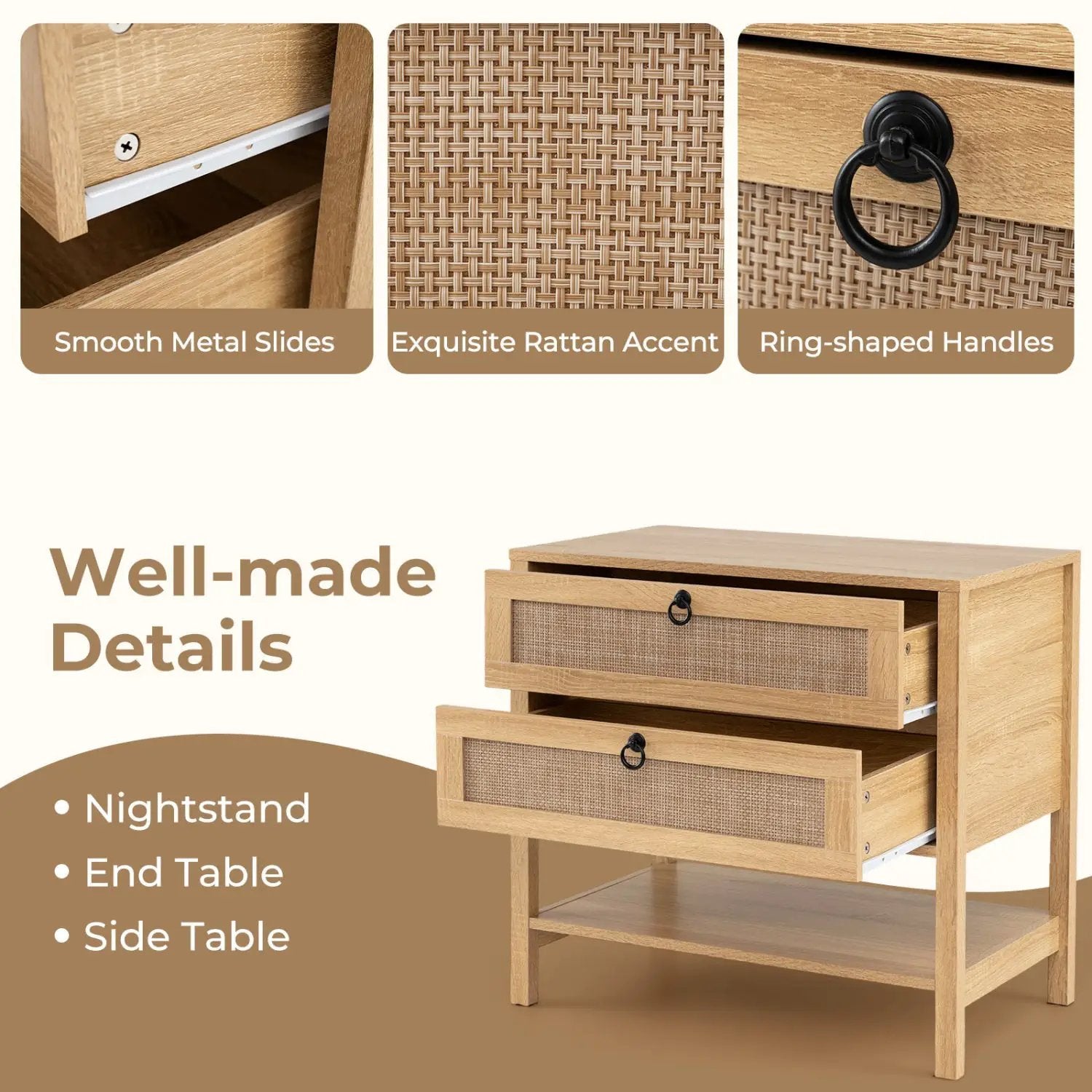 Rattan Nightstand with 2 Drawers and Open Shelf by DirectDeals