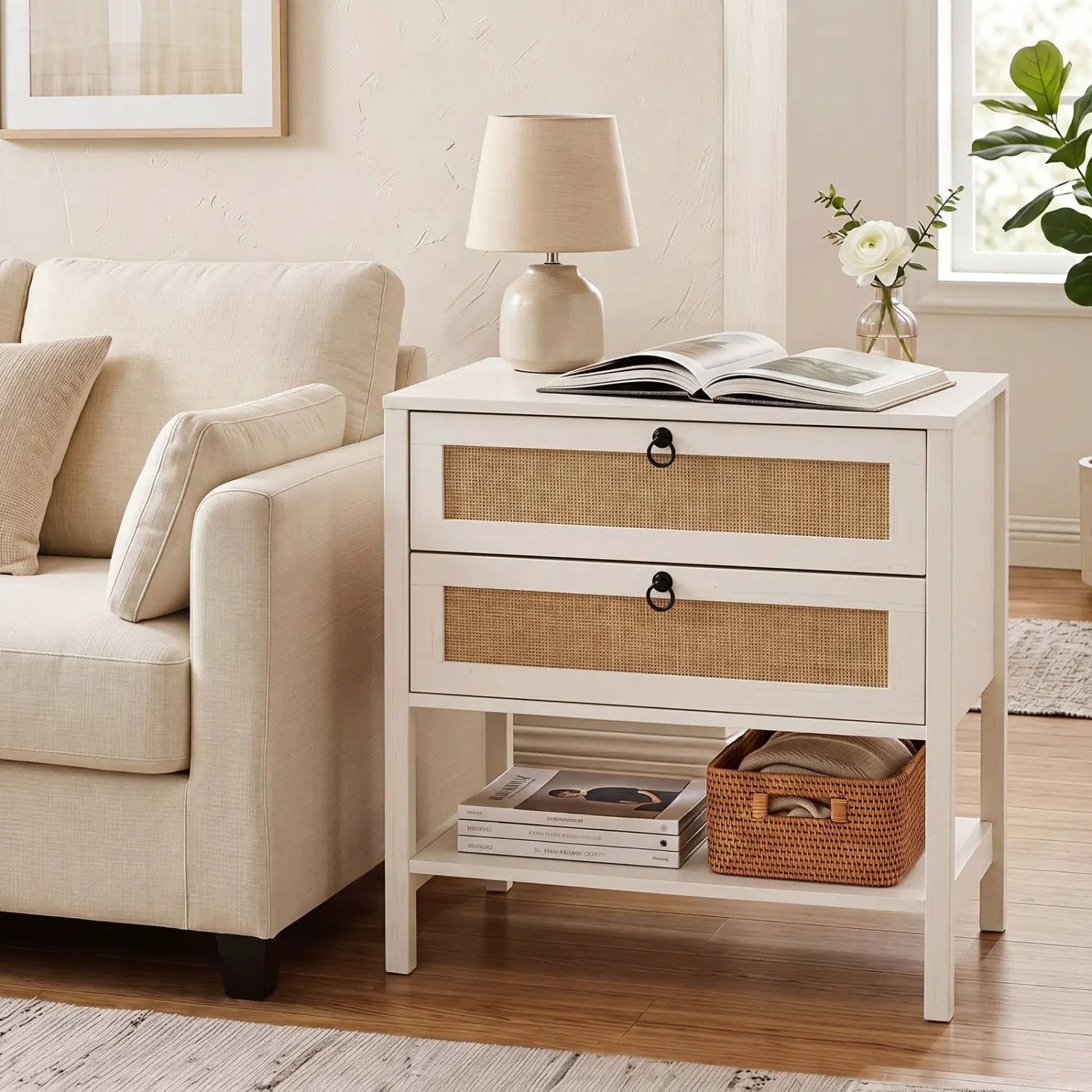 Rattan Nightstand with 2 Drawers and Open Shelf by DirectDeals