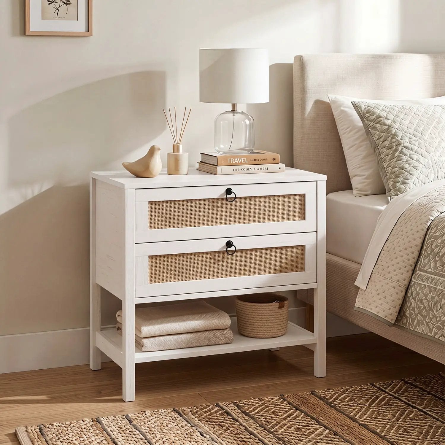 Rattan Nightstand with 2 Drawers and Open Shelf by DirectDeals