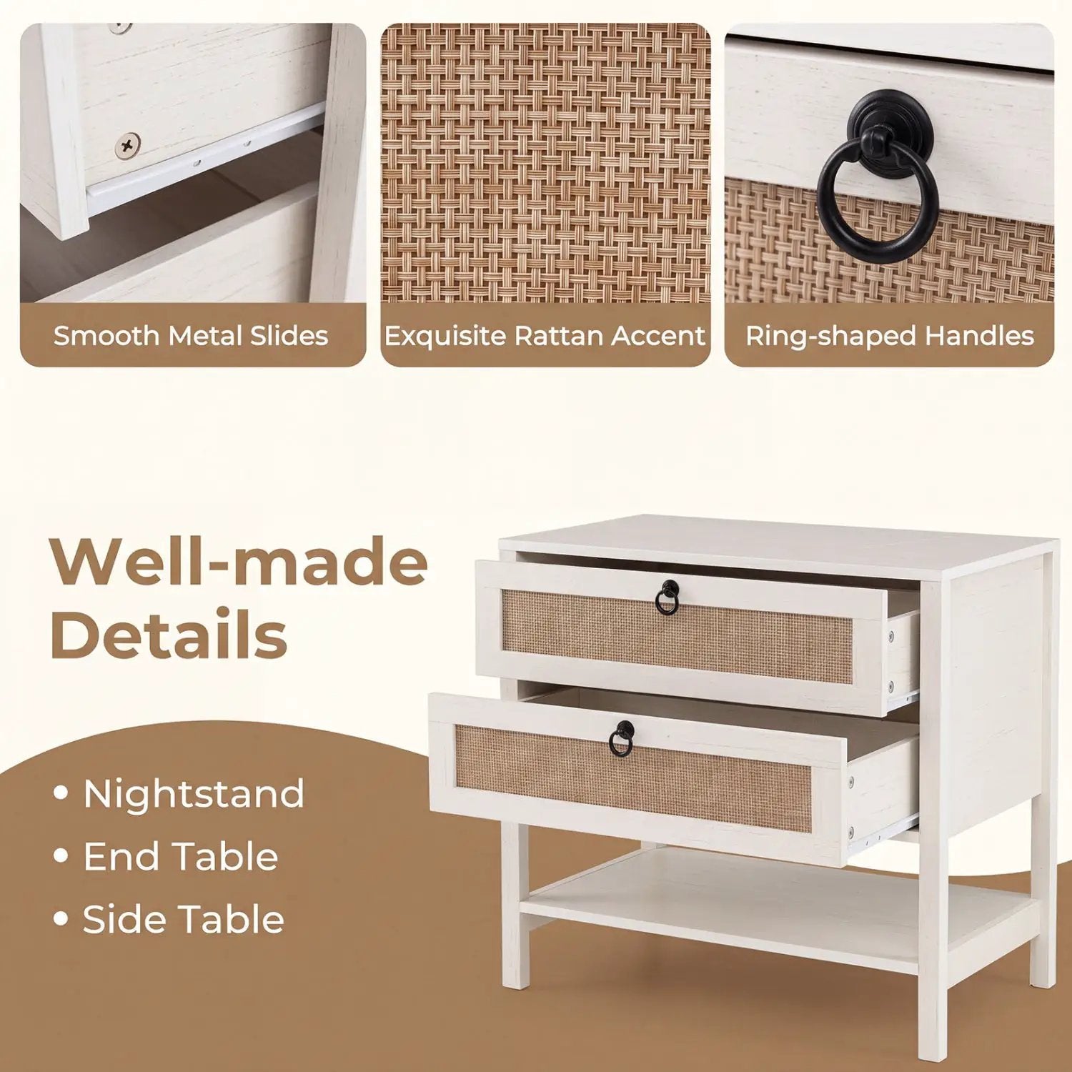 Rattan Nightstand with 2 Drawers and Open Shelf by DirectDeals