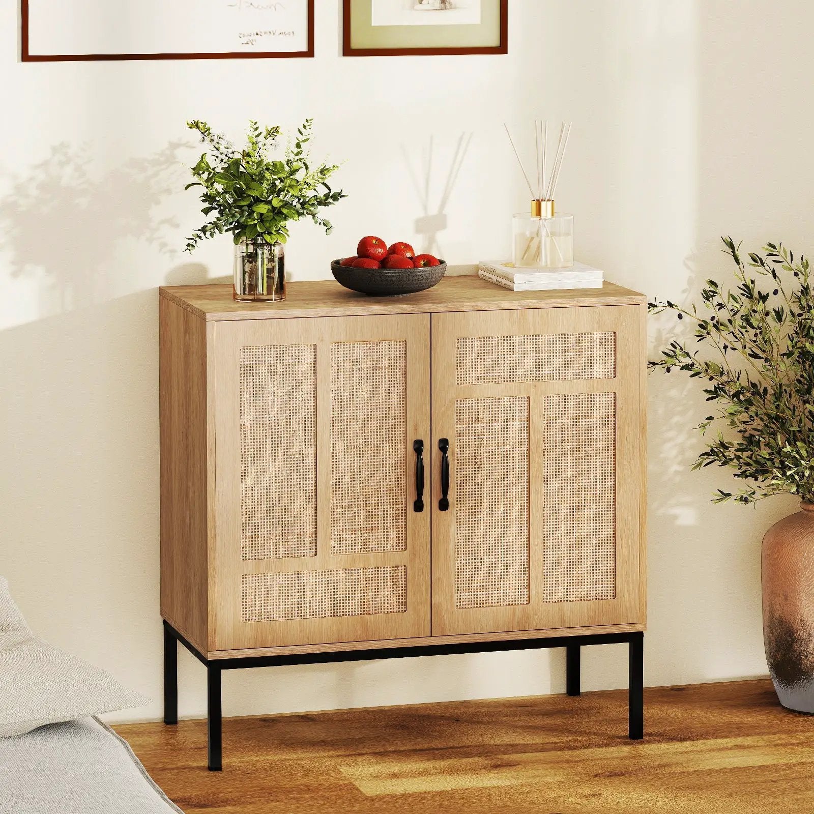 Boho Storage Cabinet with Asymmetrical Pattern Doors for Kitchen-Natural by DirectDeals