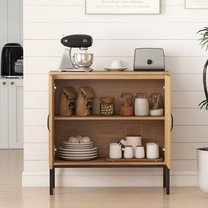 Boho Storage Cabinet with Asymmetrical Pattern Doors for Kitchen-Natural by DirectDeals