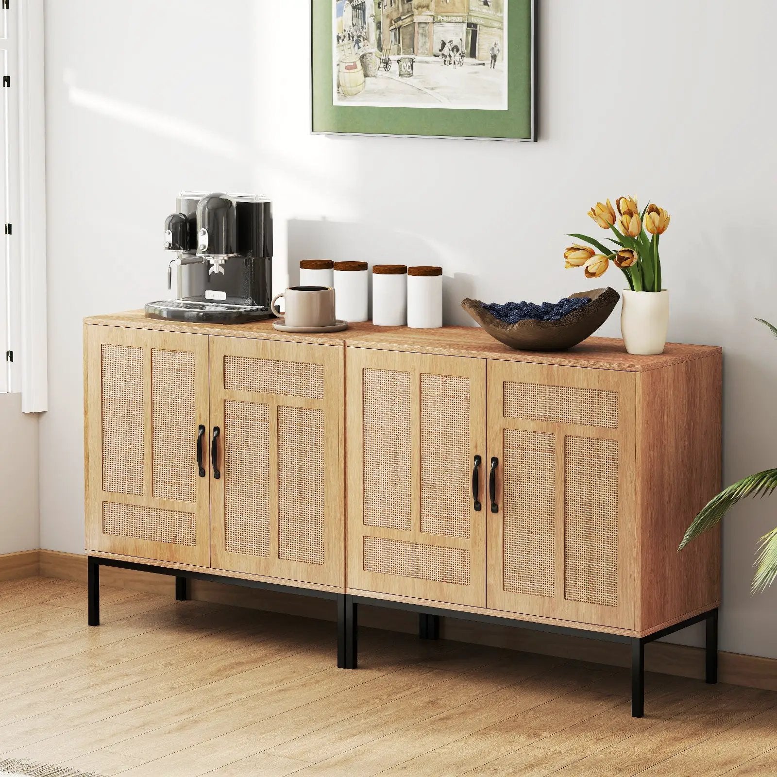 Boho Storage Cabinet with Asymmetrical Pattern Doors for Kitchen-Natural by DirectDeals