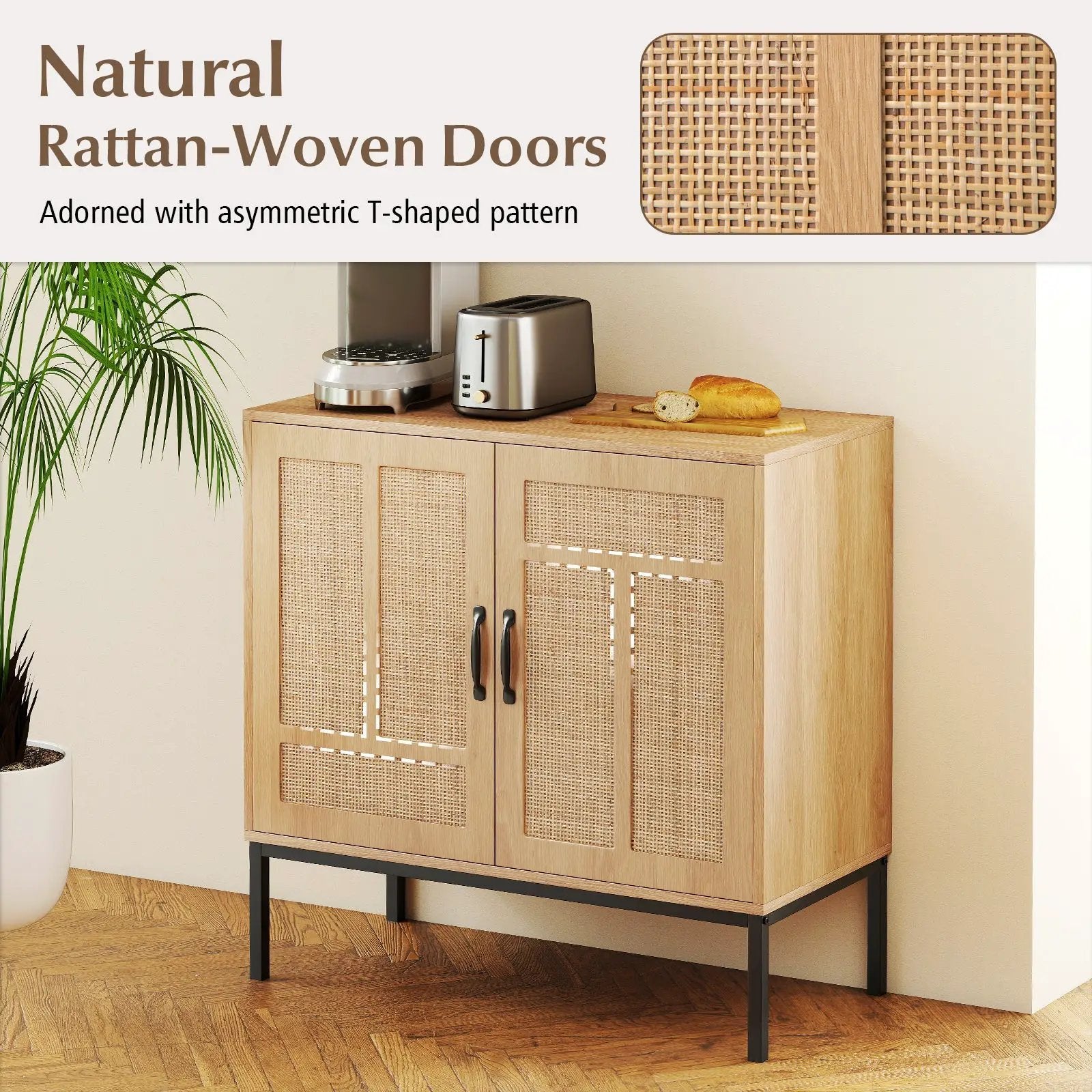 Boho Storage Cabinet with Asymmetrical Pattern Doors for Kitchen-Natural by DirectDeals