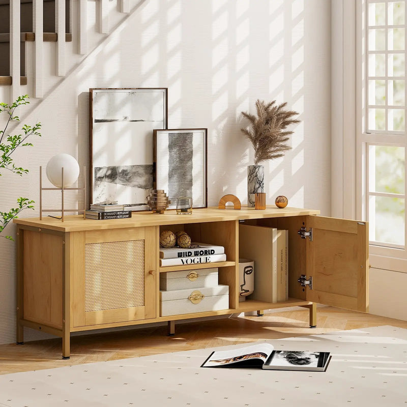 Boho TV Stand for TV up to 55 Inches with Faux Rattan Door-Natural by DirectDeals