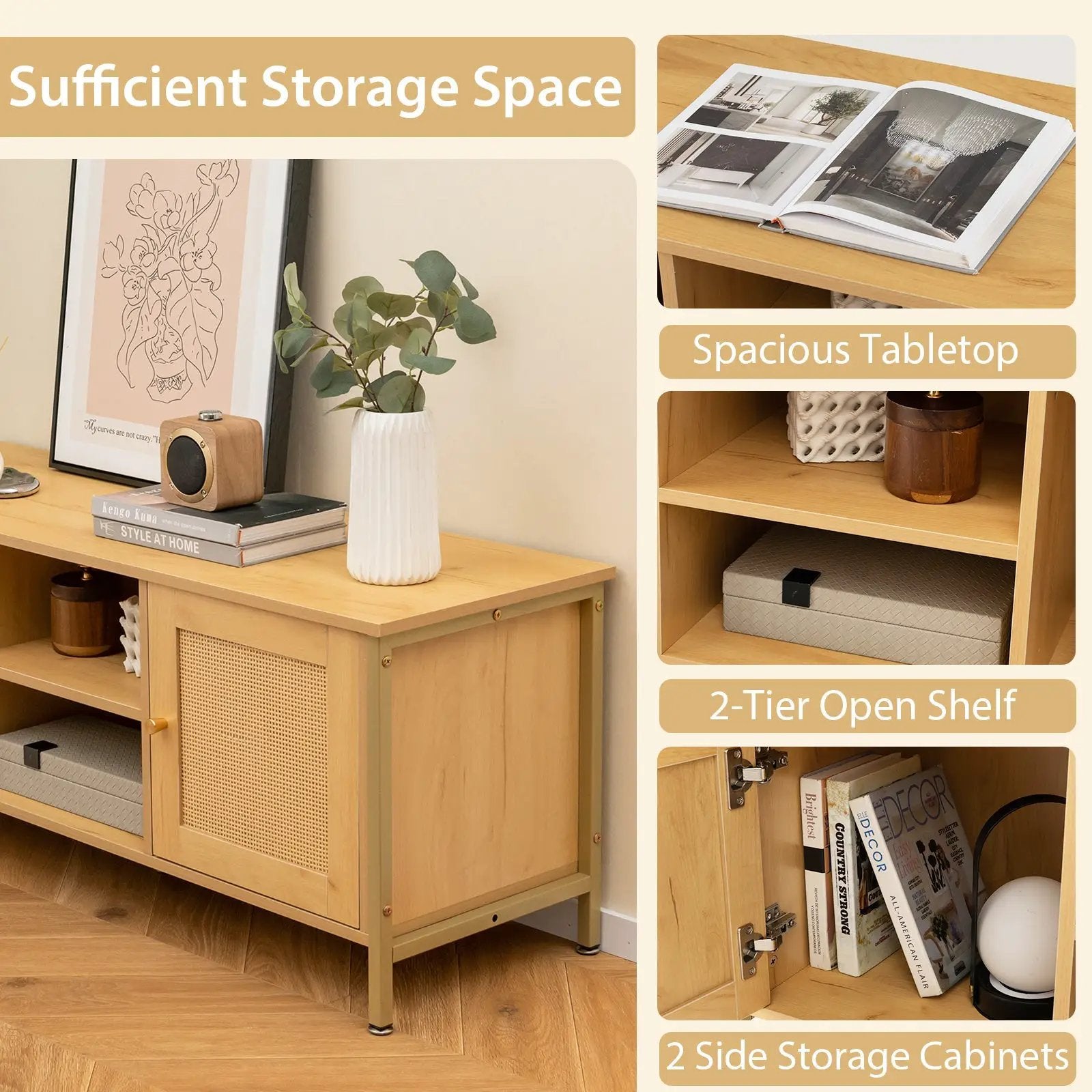 Boho TV Stand for TV up to 55 Inches with Faux Rattan Door-Natural by DirectDeals