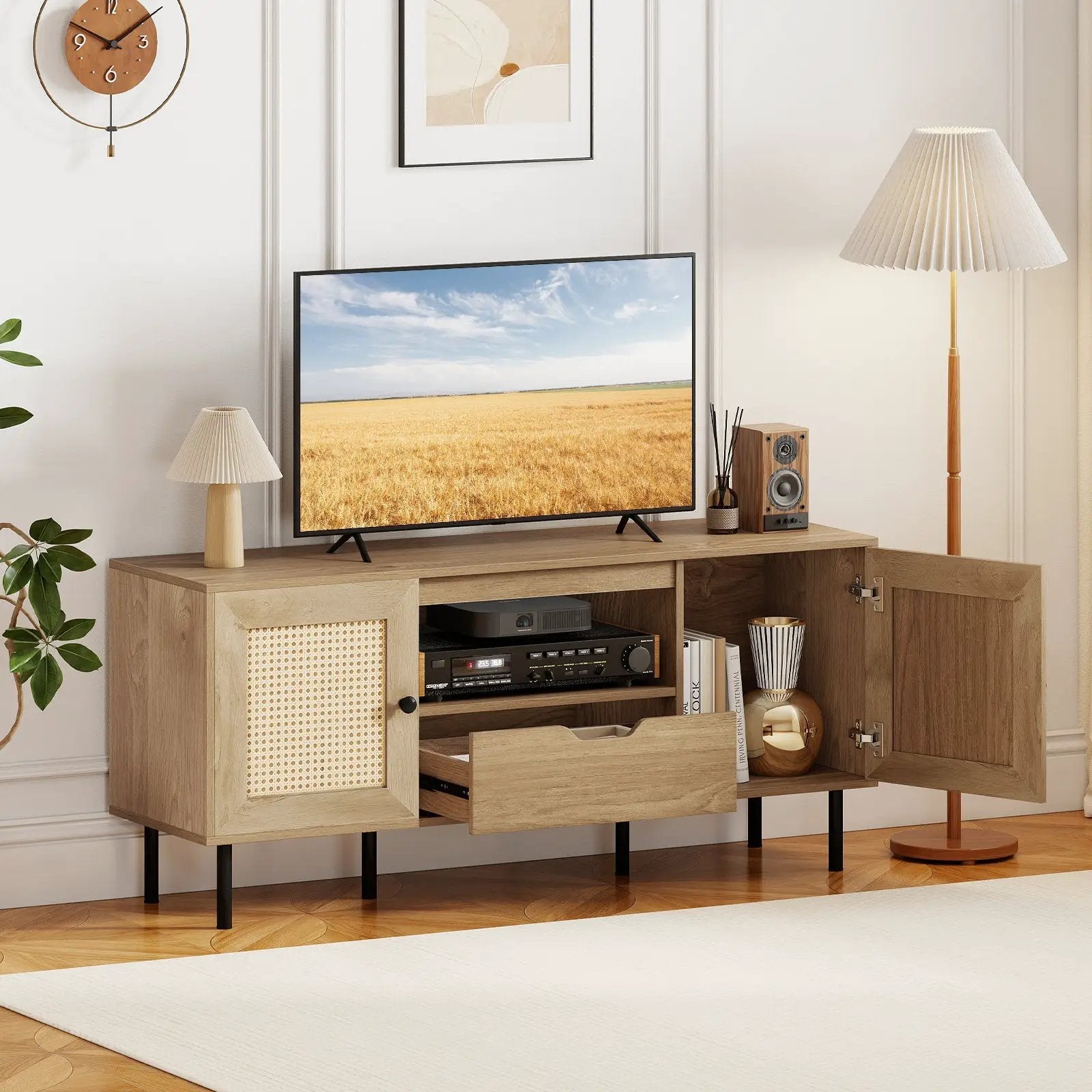 Boho TV Stand for 60 Inch TV Entertainment Center with Cabinets and Storage Shelf-Natural by DirectDeals