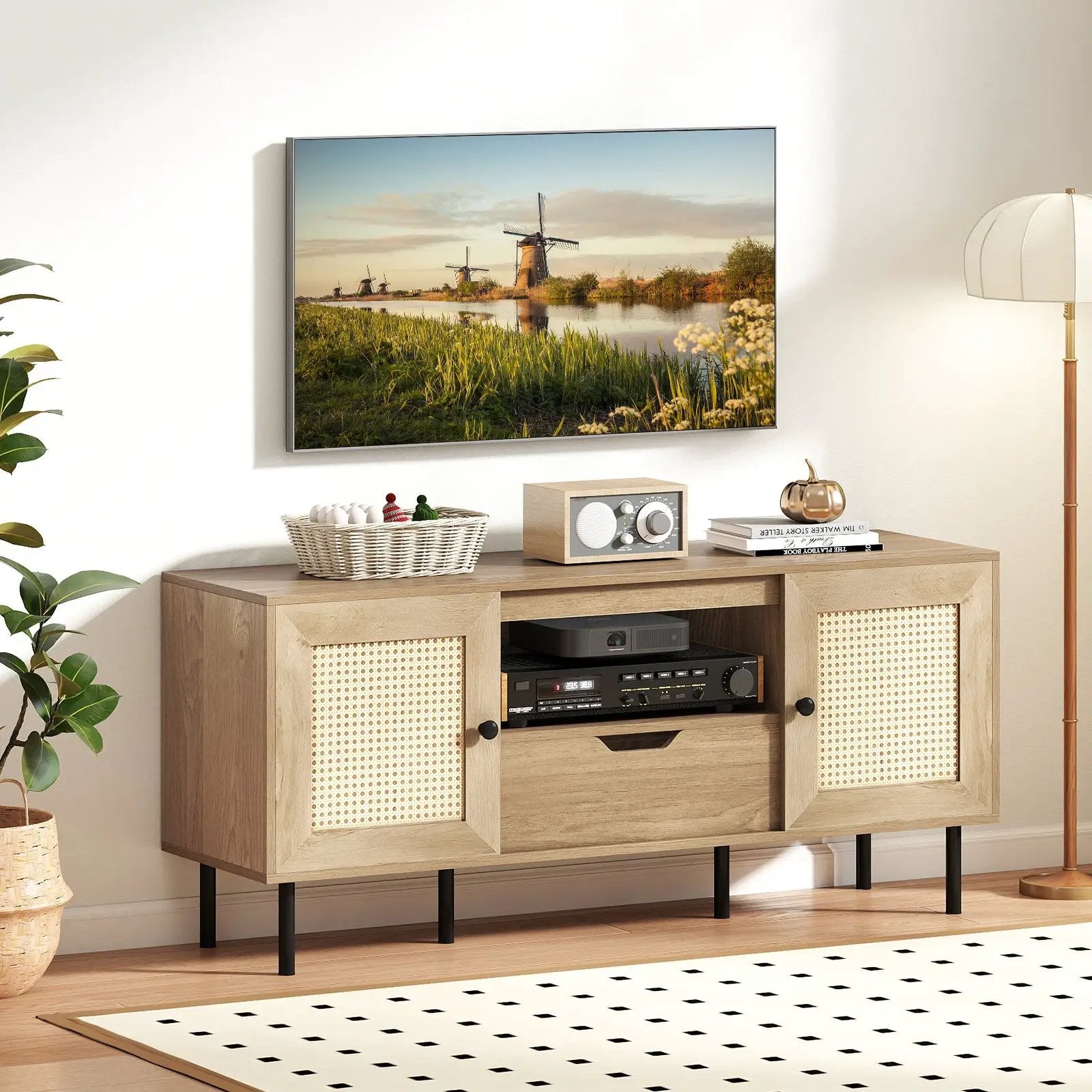 Boho TV Stand for 60 Inch TV Entertainment Center with Cabinets and Storage Shelf-Natural by DirectDeals