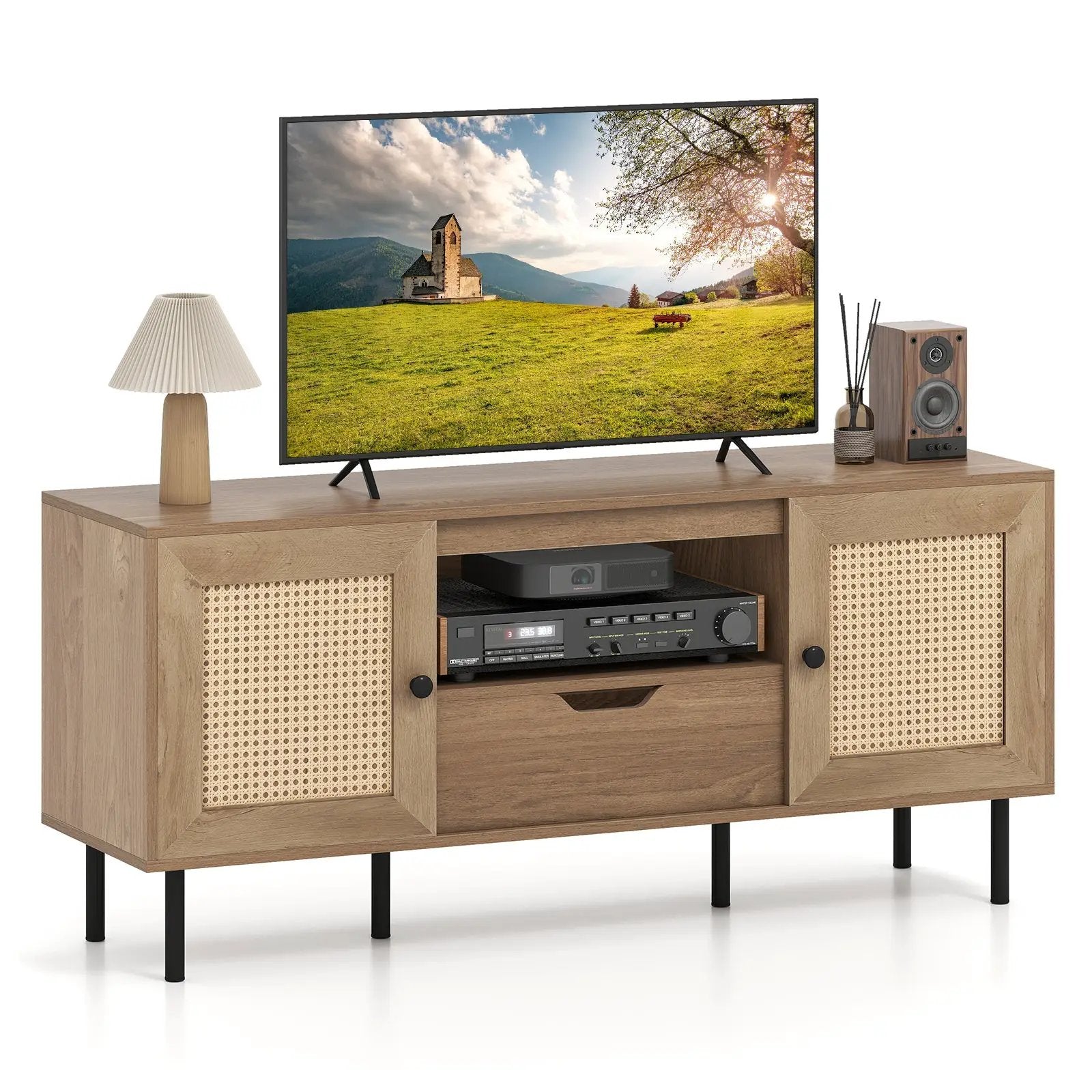 Boho TV Stand for 60 Inch TV Entertainment Center with Cabinets and Storage Shelf-Natural by DirectDeals