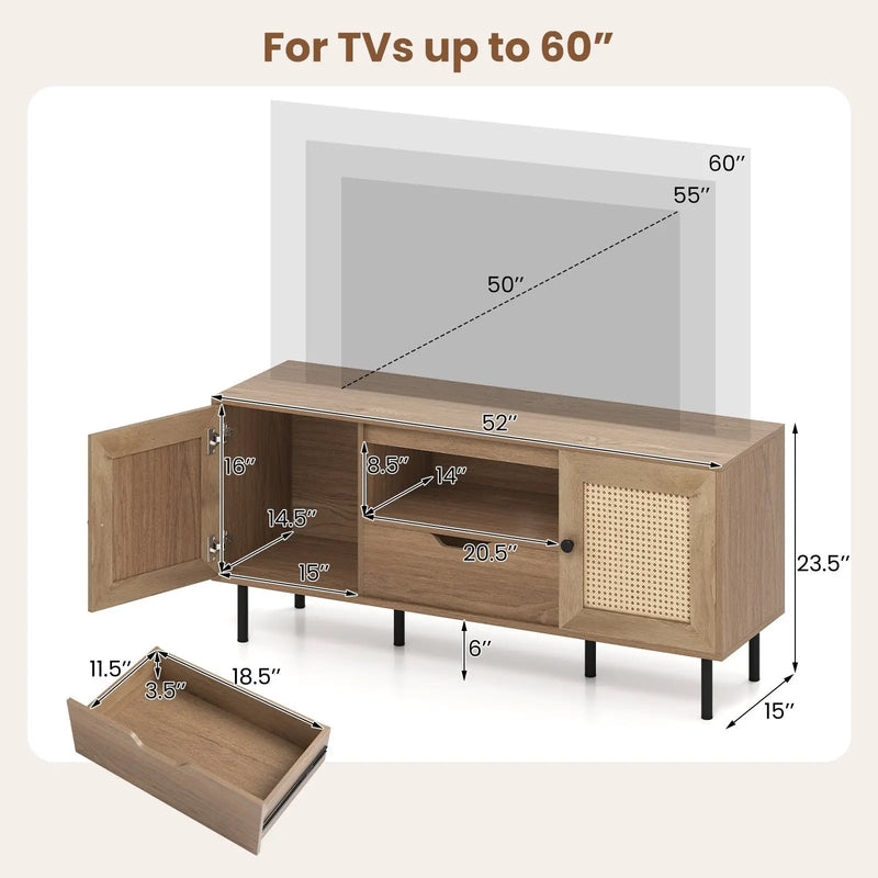 Boho TV Stand for 60 Inch TV Entertainment Center with Cabinets and Storage Shelf-Natural by DirectDeals